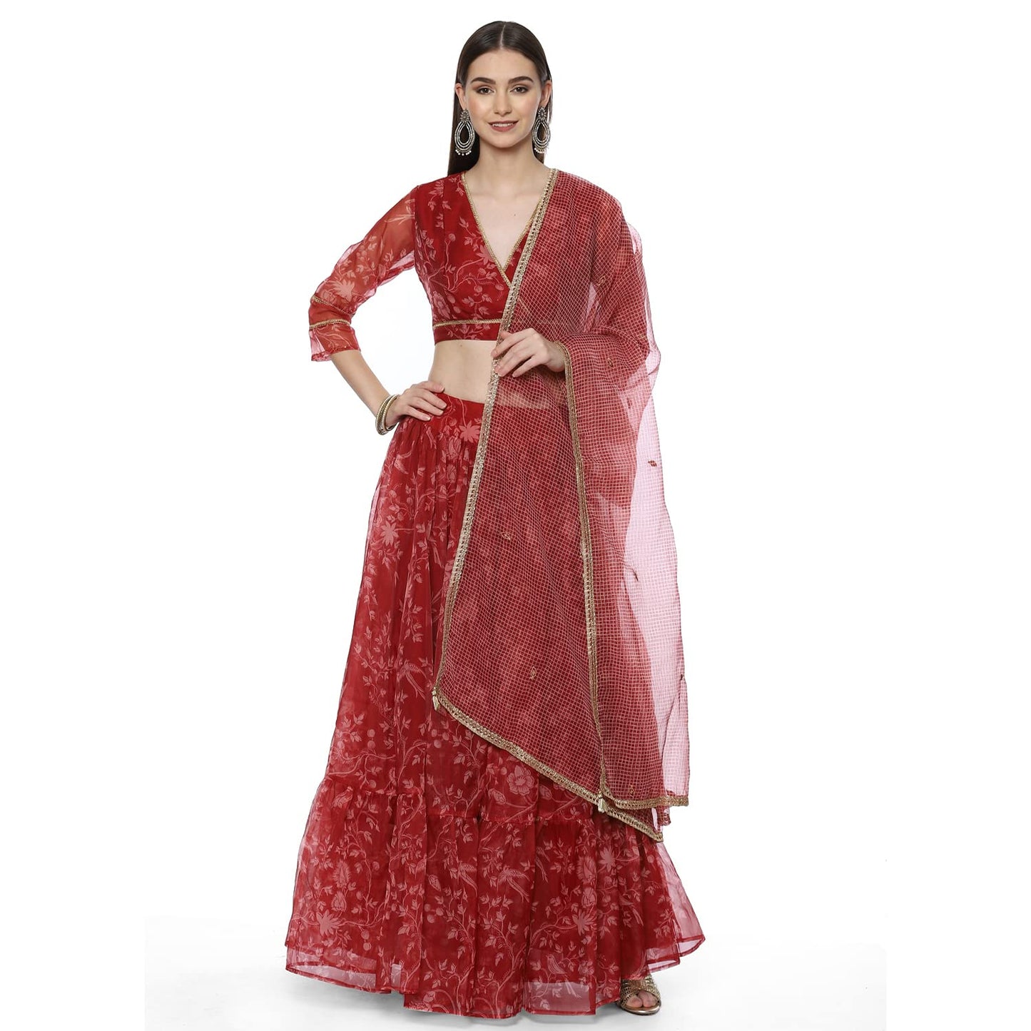 BIBA Womens Polyester Lehenga Set Readymade Red L