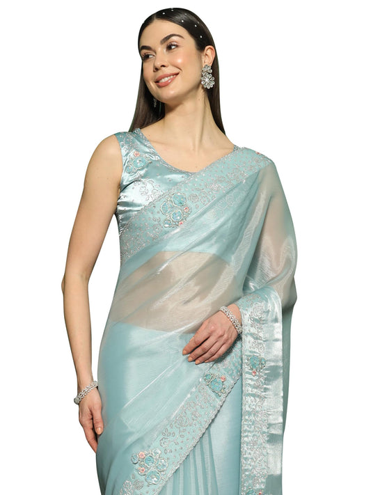 SAREE MALL Women's Organza Solid Saree With Unstitched Blouse Piece(Teal blue_FF0MAHEK737G_MK)