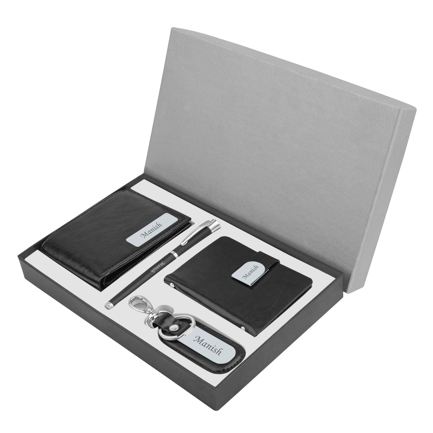 The Wallet Store Personalized Wallet, Pen, Key Chain & Cardholder Gift Set | with Name | Vegan Leather | Best Gift for Brother, Husband, Boyfriend, Father, Etc (BLACK-PN02-CH02-KC11-WL14)