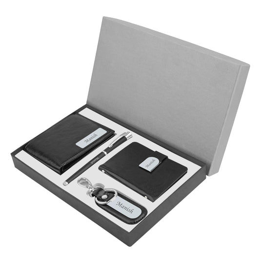 The Wallet Store Personalized Wallet, Pen, Key Chain & Cardholder Gift Set | with Name | Vegan Leather | Best Gift for Brother, Husband, Boyfriend, Father, Etc (BLACK-PN02-CH02-KC11-WL14)