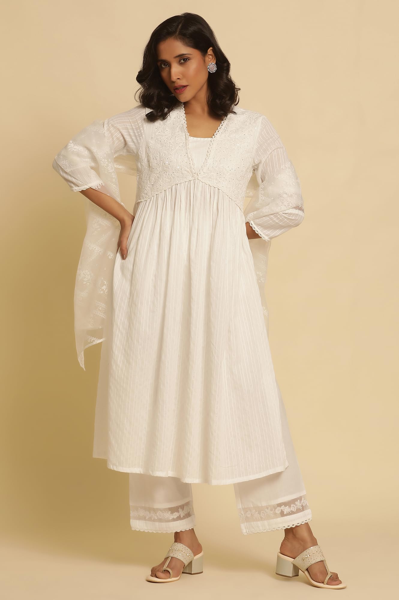 W for Woman W Women White Festive Solid Cotton Kurta, Straight Pant & Dupatta_24FEWS10494-221393_2XL