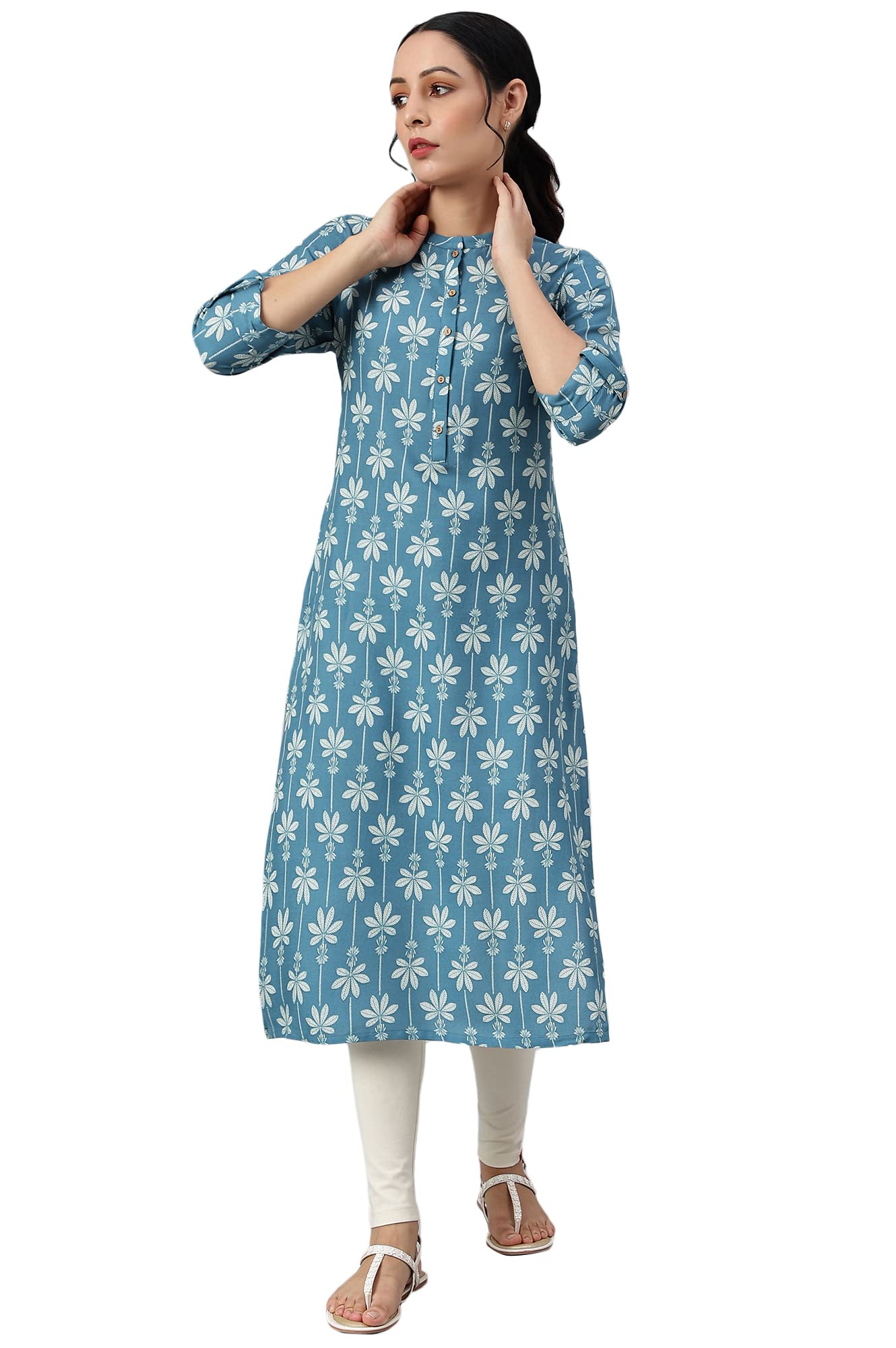 W for Woman Blue Rayon Button Down Kurta