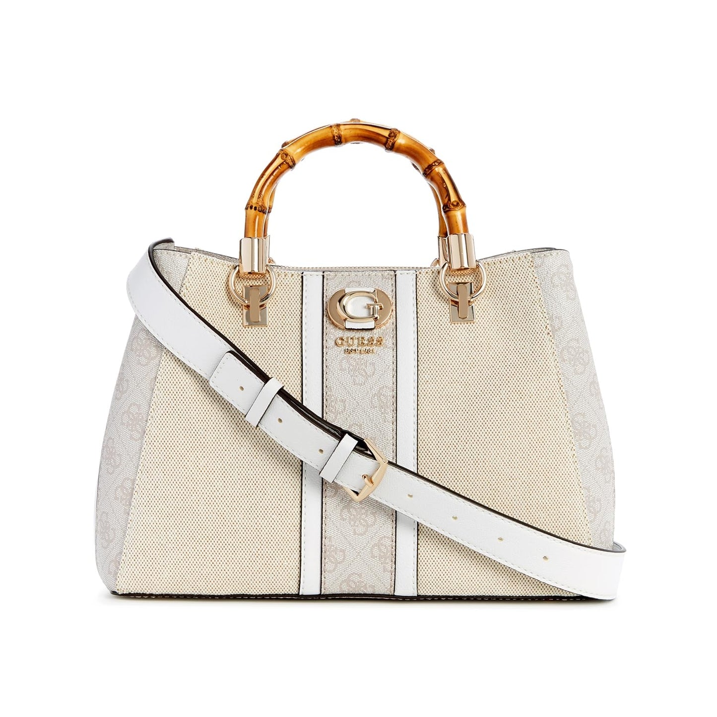 Guess Women's Natural/Dove Logo Printed Satchel| Ladies Purse Handbags | Gift For Ladies