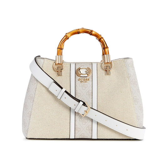 Guess Women's Natural/Dove Logo Printed Satchel| Ladies Purse Handbags | Gift For Ladies