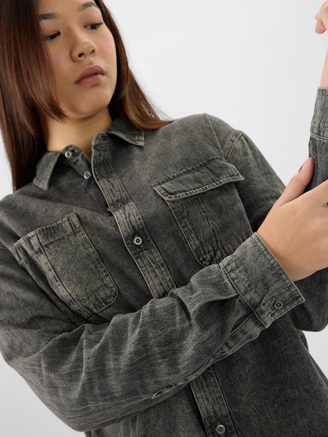 The Souled Store Classic Denim Shirt: Olive Green Women and Girls Collared Neck Long Sleeves Button Front Cotton Blend Boyfriend Shirts