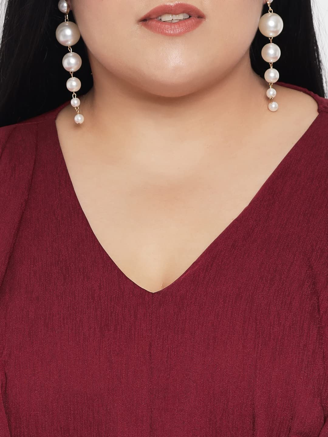 wild U Women Plus Size Premium Textured Butterfly Sleeve Premium Satin Midi Dress (Maroon, Size : 3XL)