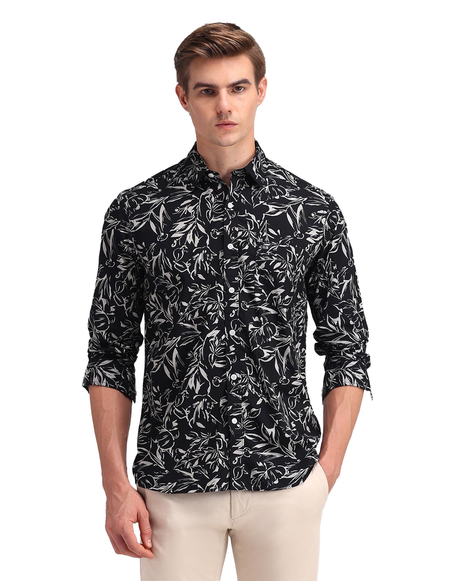 Arrow Men's Printed Full Sleeve Slim Fit Point Collar Cotton Casual Shirt White