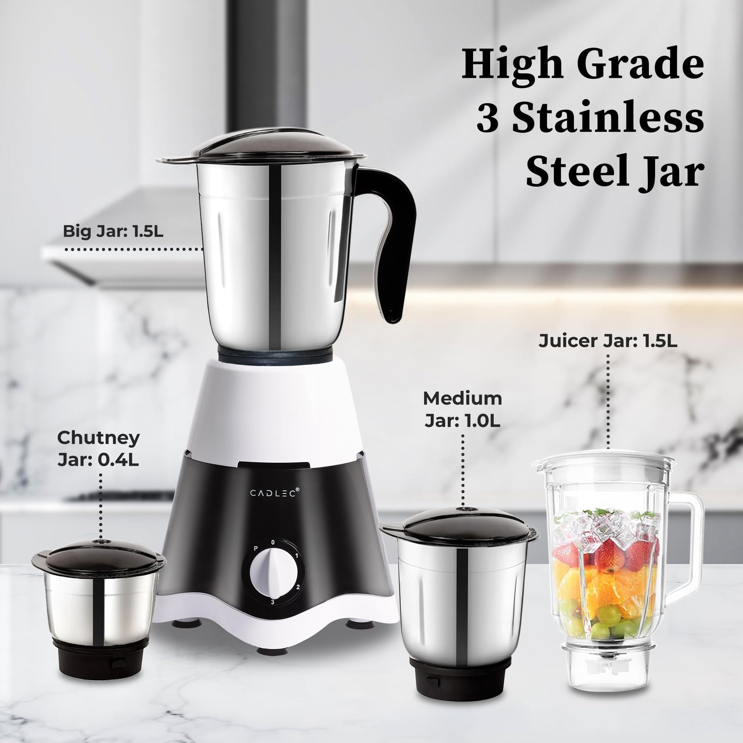 Cadlec JarGenie 4 Jar 750 Watt Mixer Grinder | High-Power Juicer, Blender & Mixer | Durable ABS Body | Multi-Function for Juicing & Blending | 2-Year Warranty