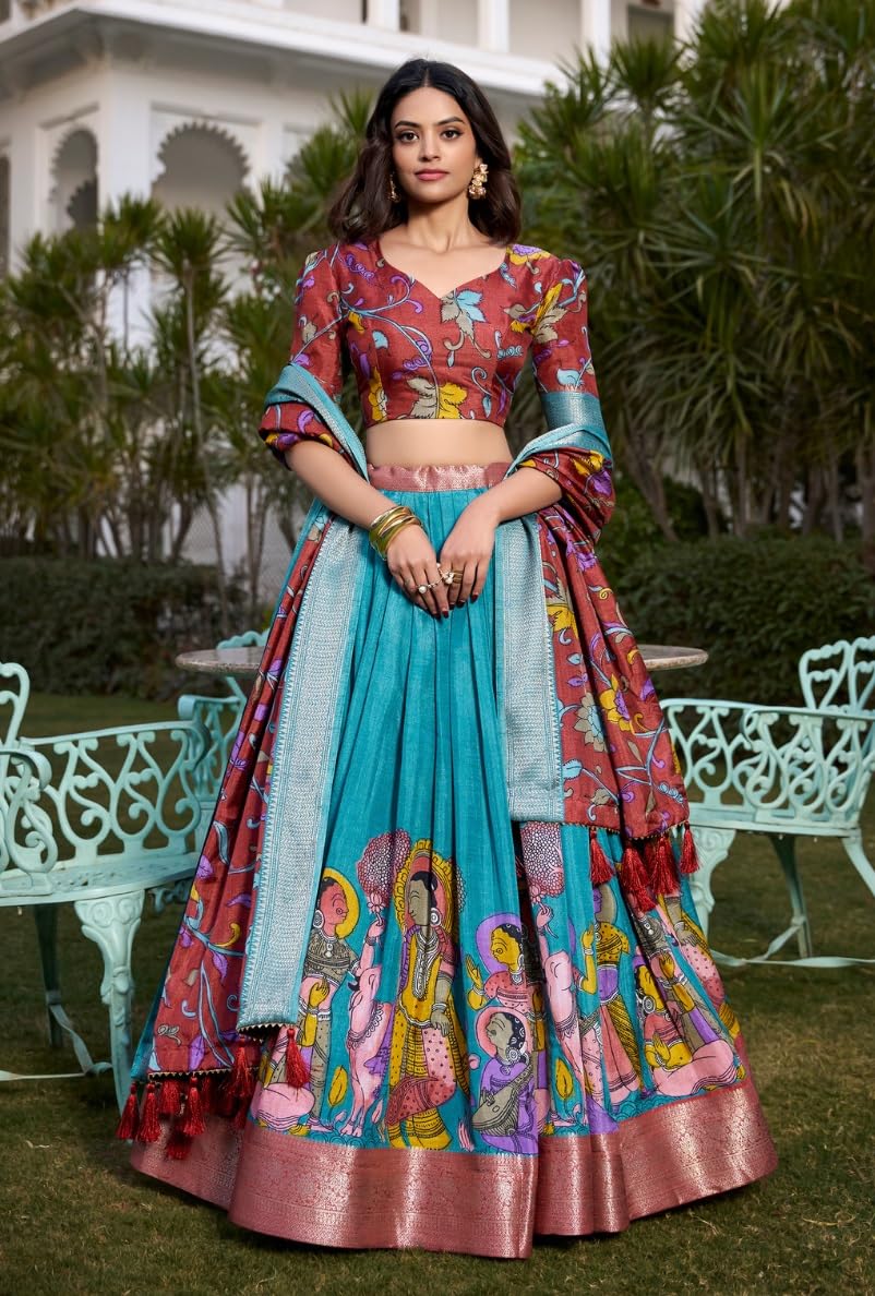 FIBREZA Women's Tussar Silk Lehenga Choli Set Semi-Stitched | Patola Print with Foil Work | Unstitched Blouse | Designer Ethnic Wear for Navratri, Wedding, Festival Prewedding Photoshoot (Rama)