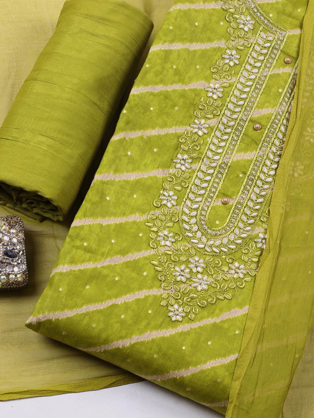 Meena Bazaar Printed Cotton Unstitched Kurta with Bottom & Dupatta