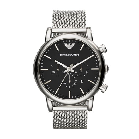 Emporio Armani Stainless Steel Analog Black Dial Men Watch-Ar1808, Silver Band