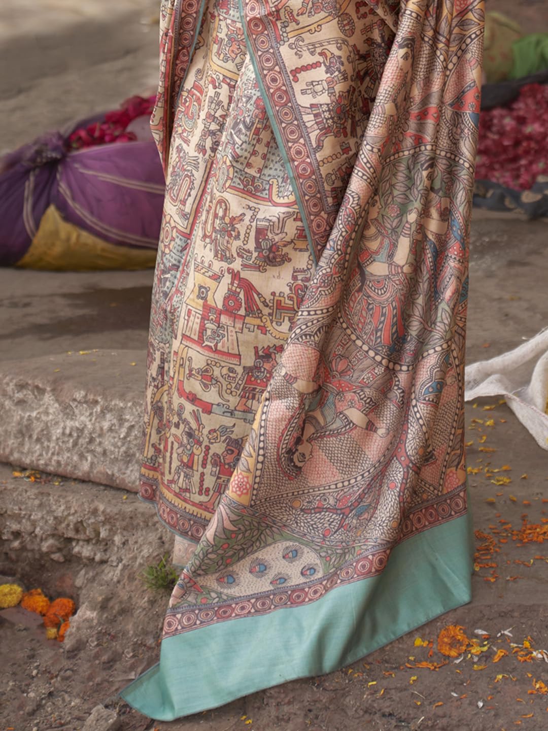 SAREE MALL Women's Banarasi Silk Madhubani Printed Saree With Unstitched Blouse Piece(Beige_PUSHPMNDI105_RS)