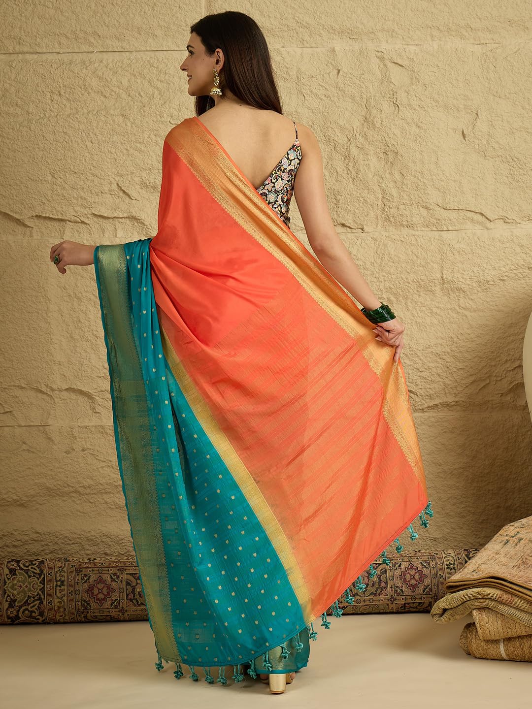 AKHILAM Women's Orange Mysore Silk Zaributta WovenDesign TasselsandLatkans Saree With Unstitched BlousePiece | saree for woman | Designer Saree for Women | Soft and Skin Friendly