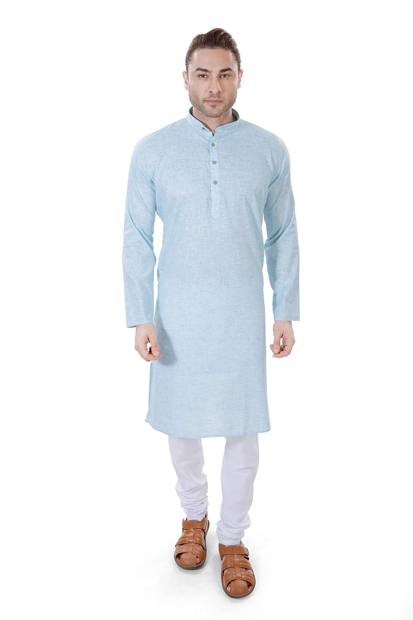 LUCKWIN Cotton Linen Regular Fit, Mandarin Collar, Full Sleeves Kurta Pajama Set in Green for Men [LWKP020-42]