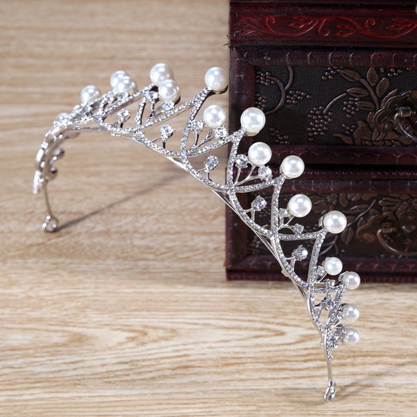Peora Silver Plated Cubic Zirconia & Pearl Studded Princess Tiara Crown Hair Accessory for Girls & Women