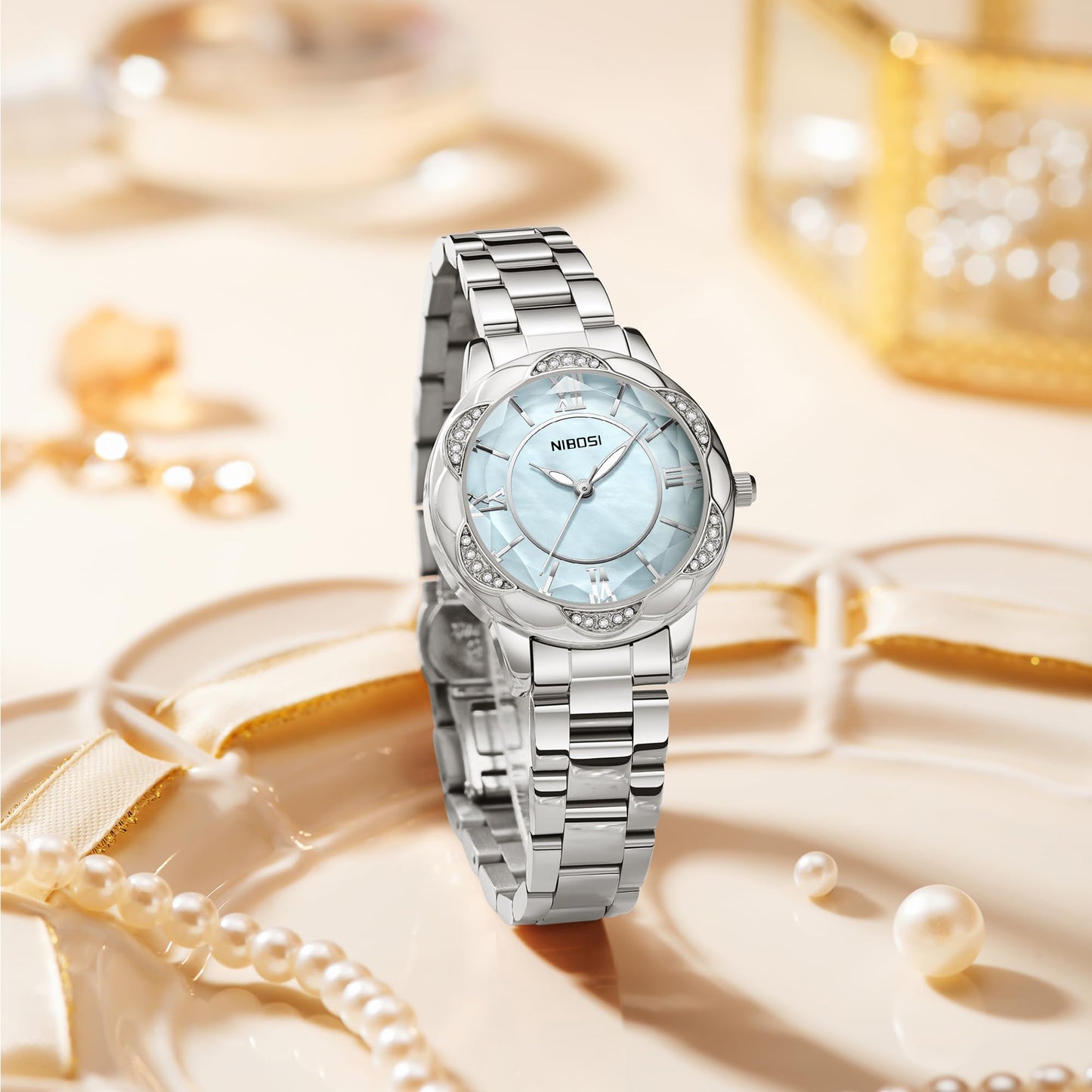 NIBOSI Watches for Woman Analog Quartz Rose Gold Fashion Luxury Ladies Wrist Watch Diamond Stylish Elegant Watches Waterproof (Silver Blue)