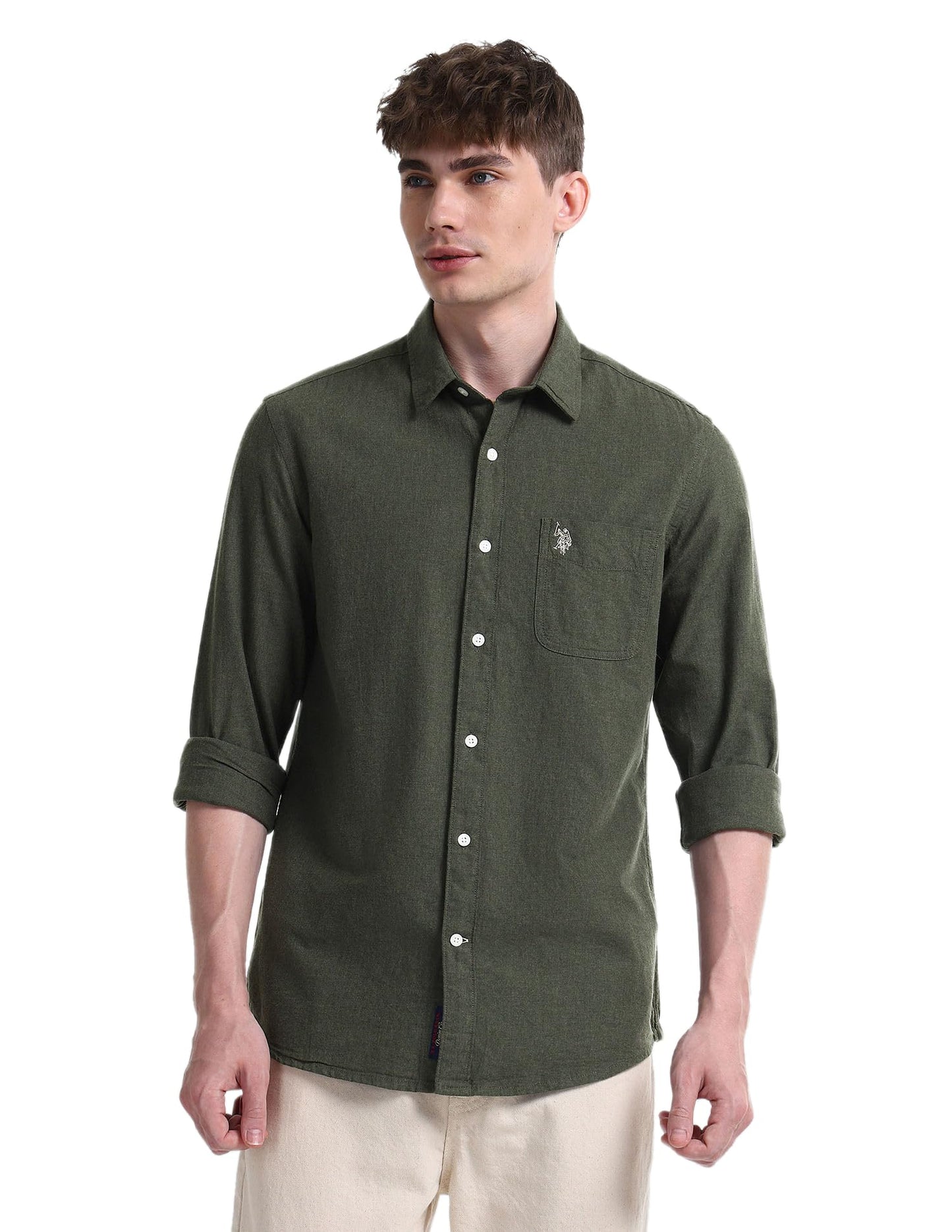 U.S. POLO ASSN. Men's Cotton Regular Fit Shirt (UDSHTO1217A_Olive,Medium