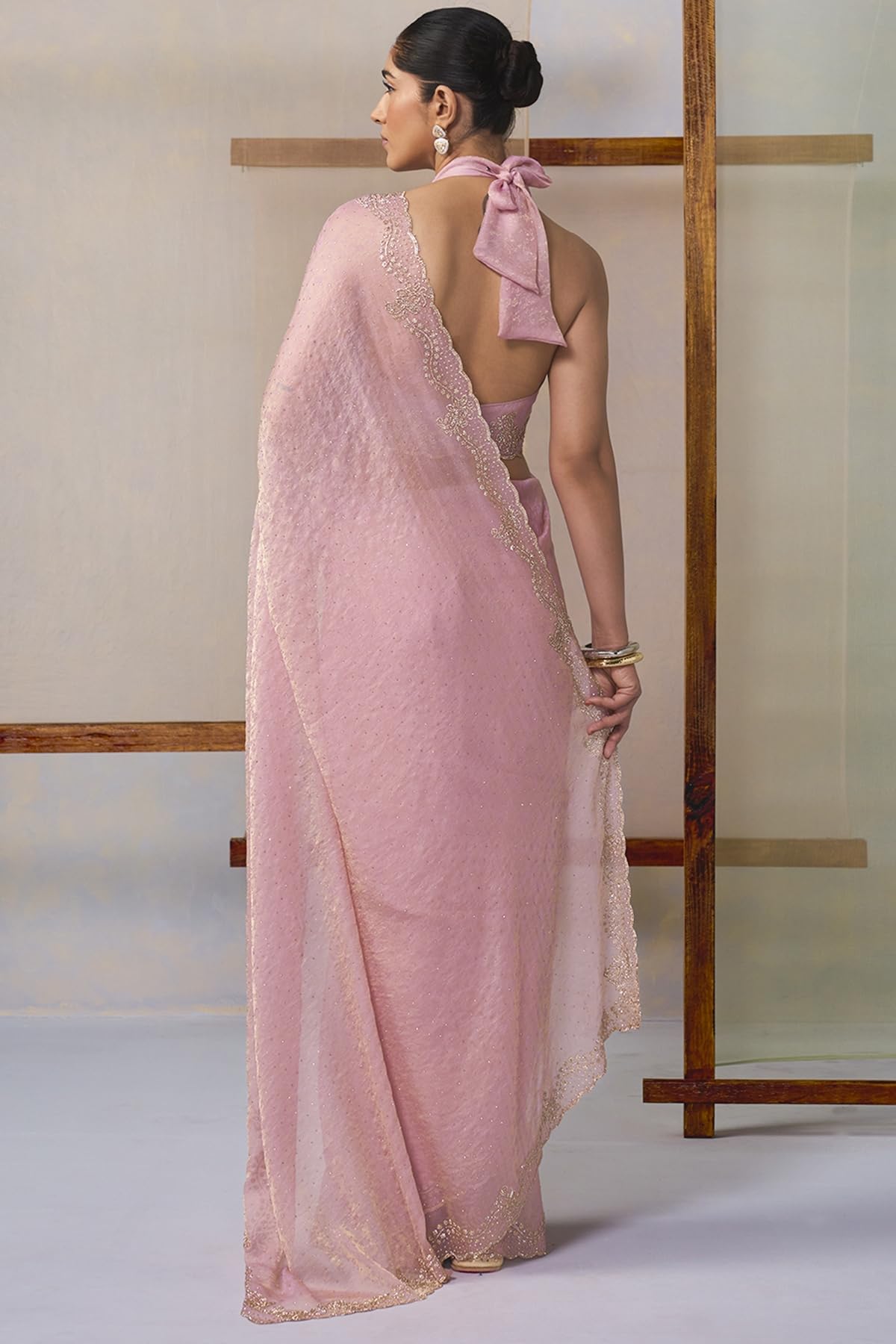 Soch Womens Blush Pink Fendy Chiffon Embellished Saree With Stone Work