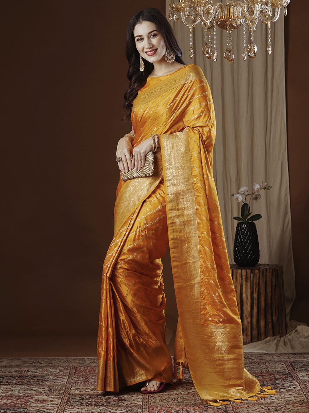 AKHILAM Women's Yellow Satin Silk Ethnic Motif Woven Design Saree With Unstitched Blouse (ARYA4404_FL)