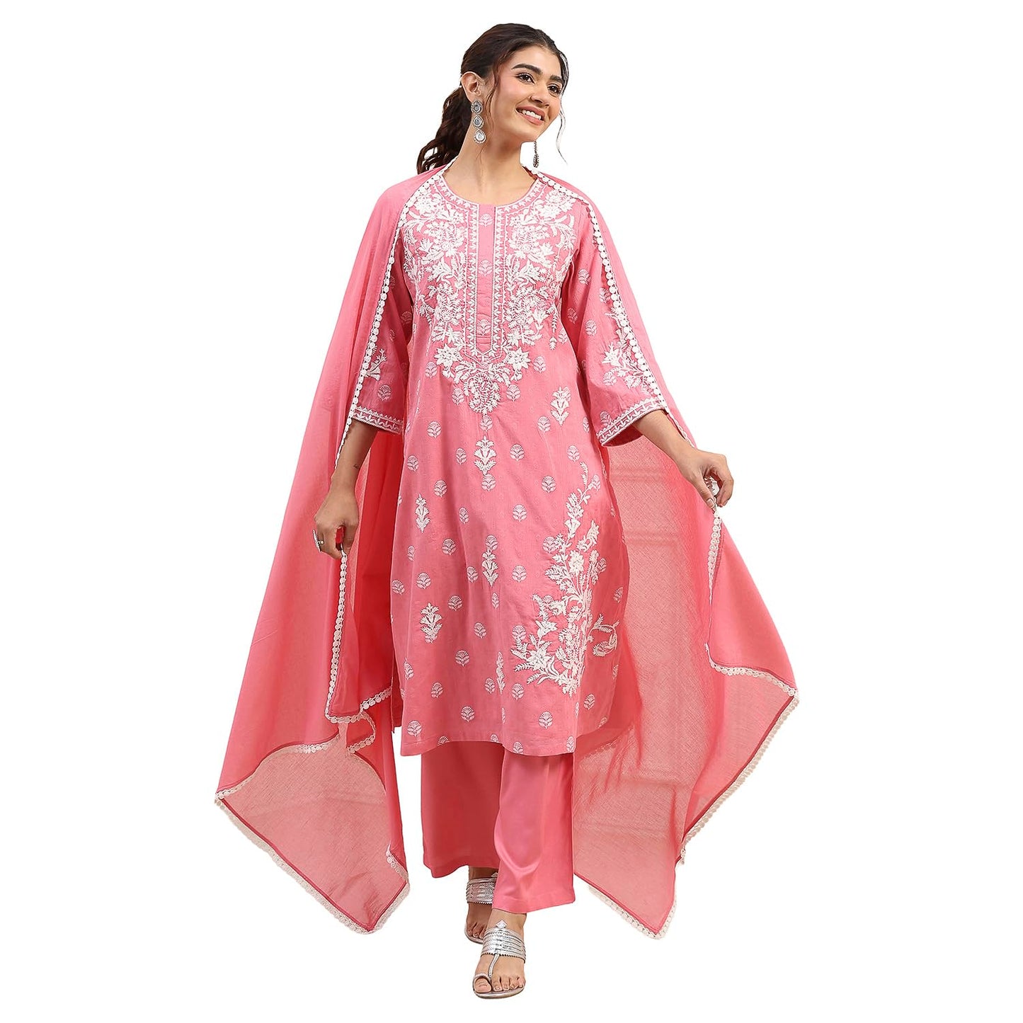 Biba Women Pink Cotton Straight Suit Set_36
