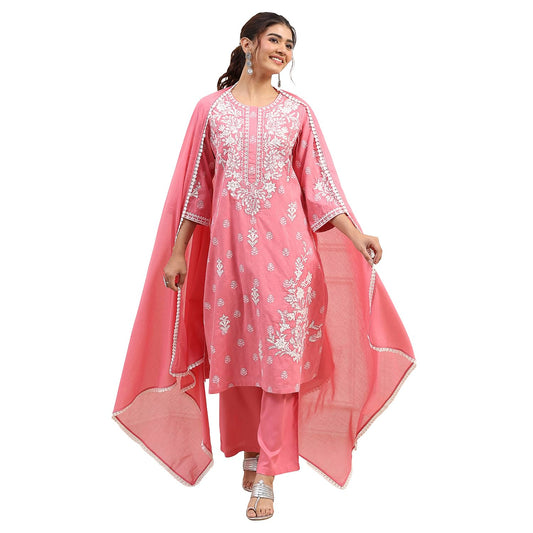 Biba Women Pink Cotton Straight Suit Set_36