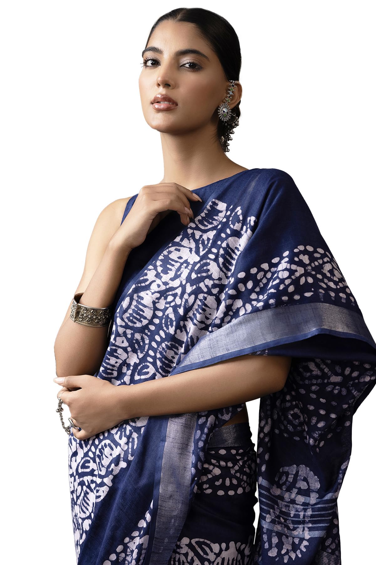Soch Womens Navy Blue Linen Batik Print Saree With Tassels