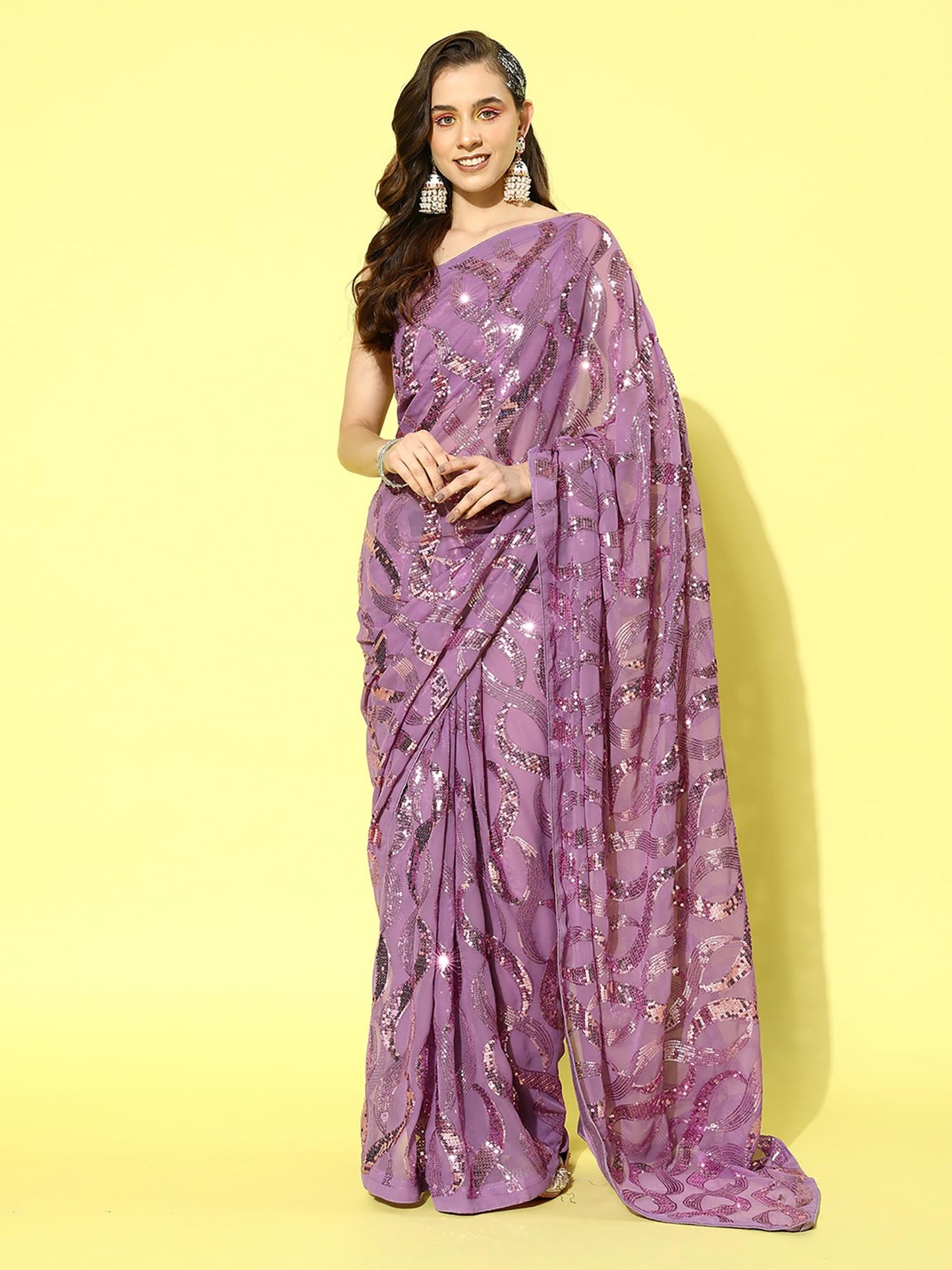 AKHILAM Women's Lavender Embellished Georgette Saree With Unstitched Blouse Piece