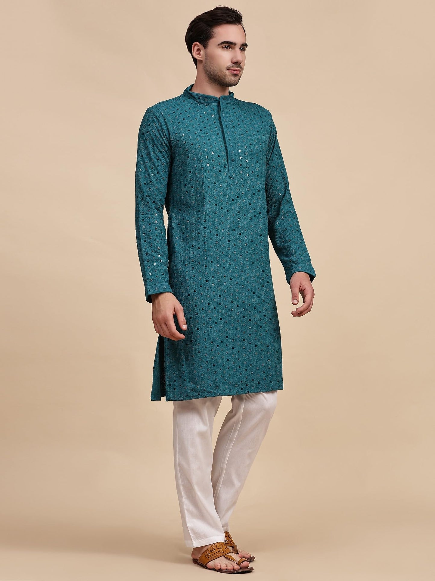 SKAVIJ Men’s Traditional Sequined Kurta Pajama Set Embroidered Party Dress Green_M