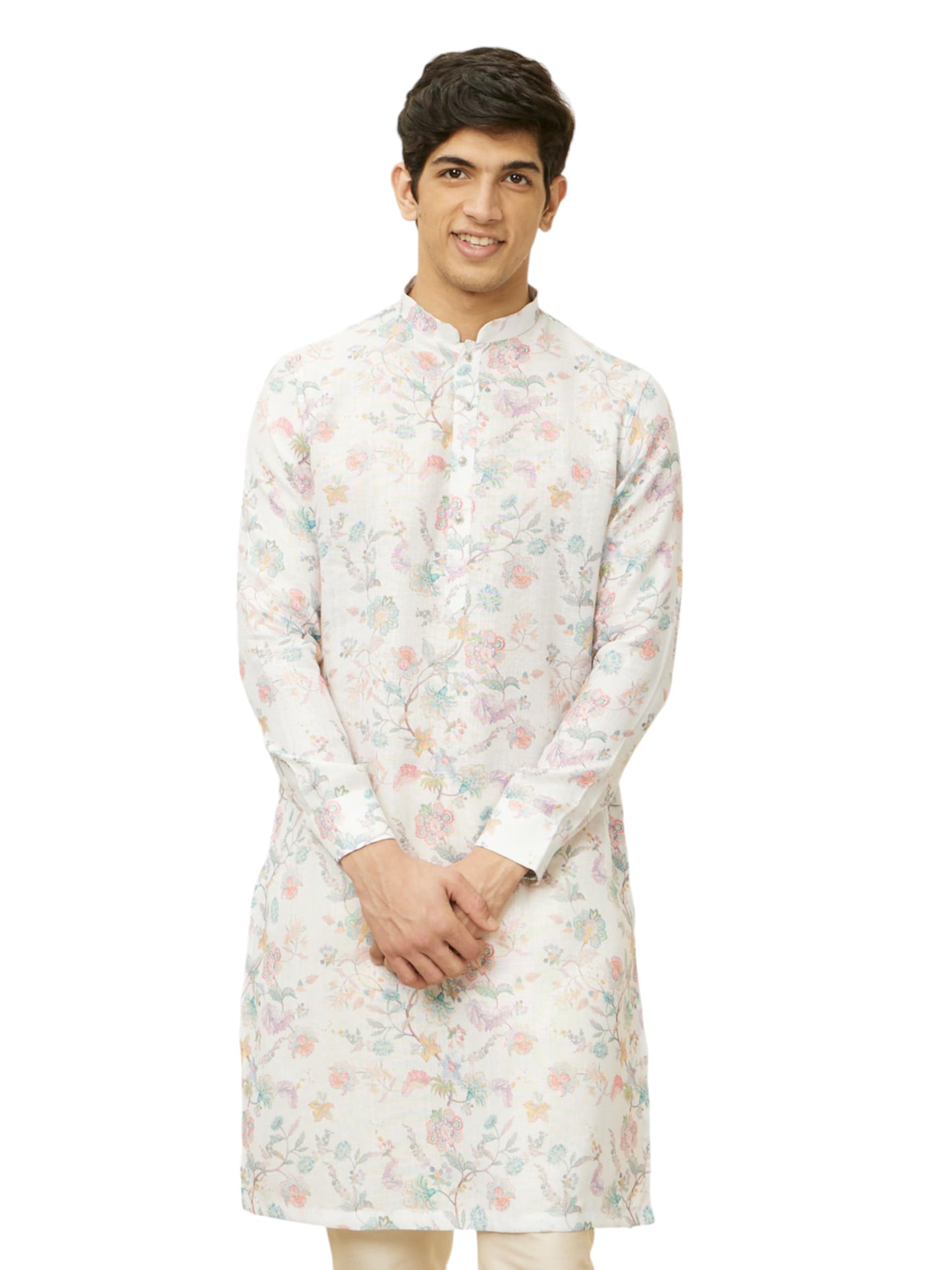Manyavar Men's Delicate White Bel Buti Printed Kurta (L)