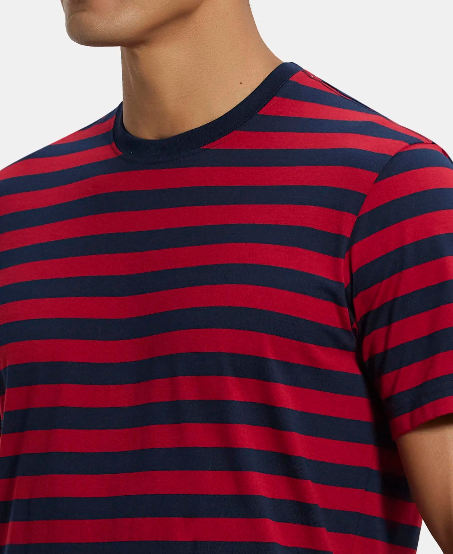 Jockey Men's Regular Fit Striped Round Neck Half Sleeved T-Shirt 2715_Navy & Shanghai Red_L