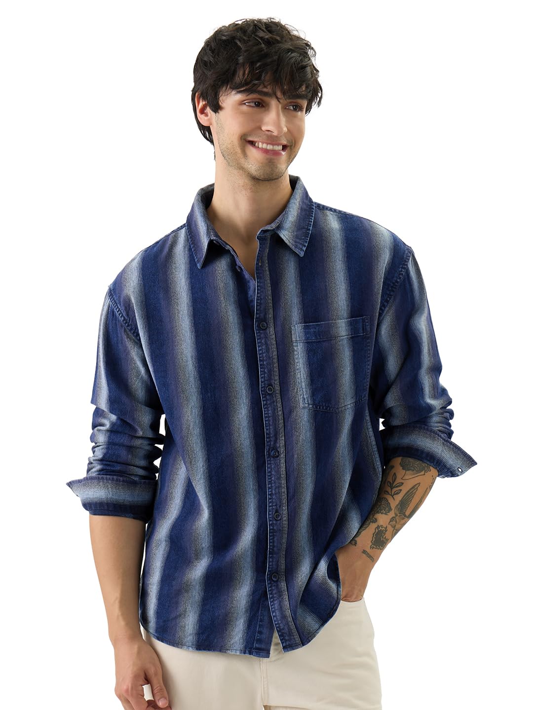 The Souled Store Stripes: Shades of Blue Men and Boys Long Sleeve Collared Neck Button Front Cotton Relaxed Fit Shirts