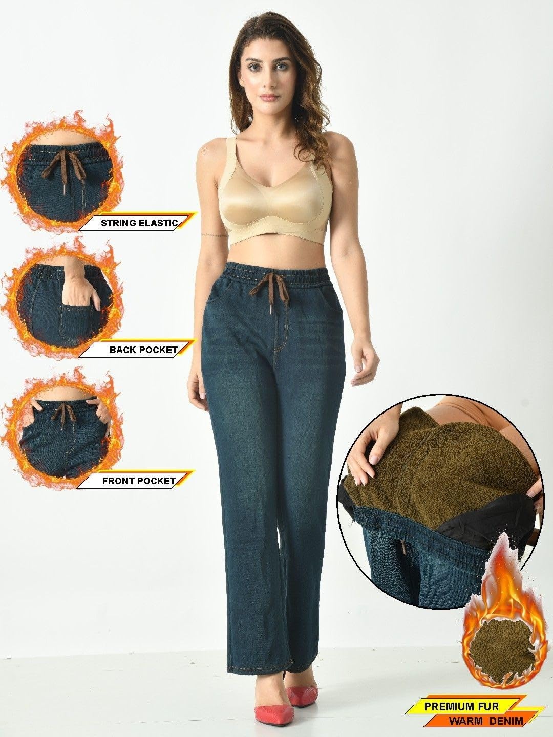 ogimi - ohh Give me Women Fleece Lined Winter Warm Thermal Denim Pant Blue