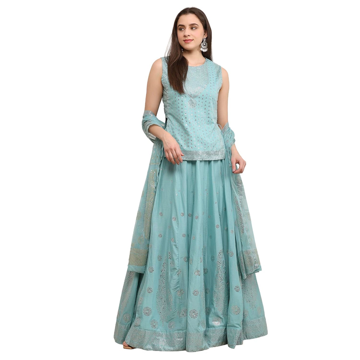 Biba Women Powder Blue Cotton Printed Lehenga Set_36