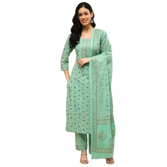 BIBA Women Green Cotton Screen Print Unstitched Suit Set_FREE SIZE