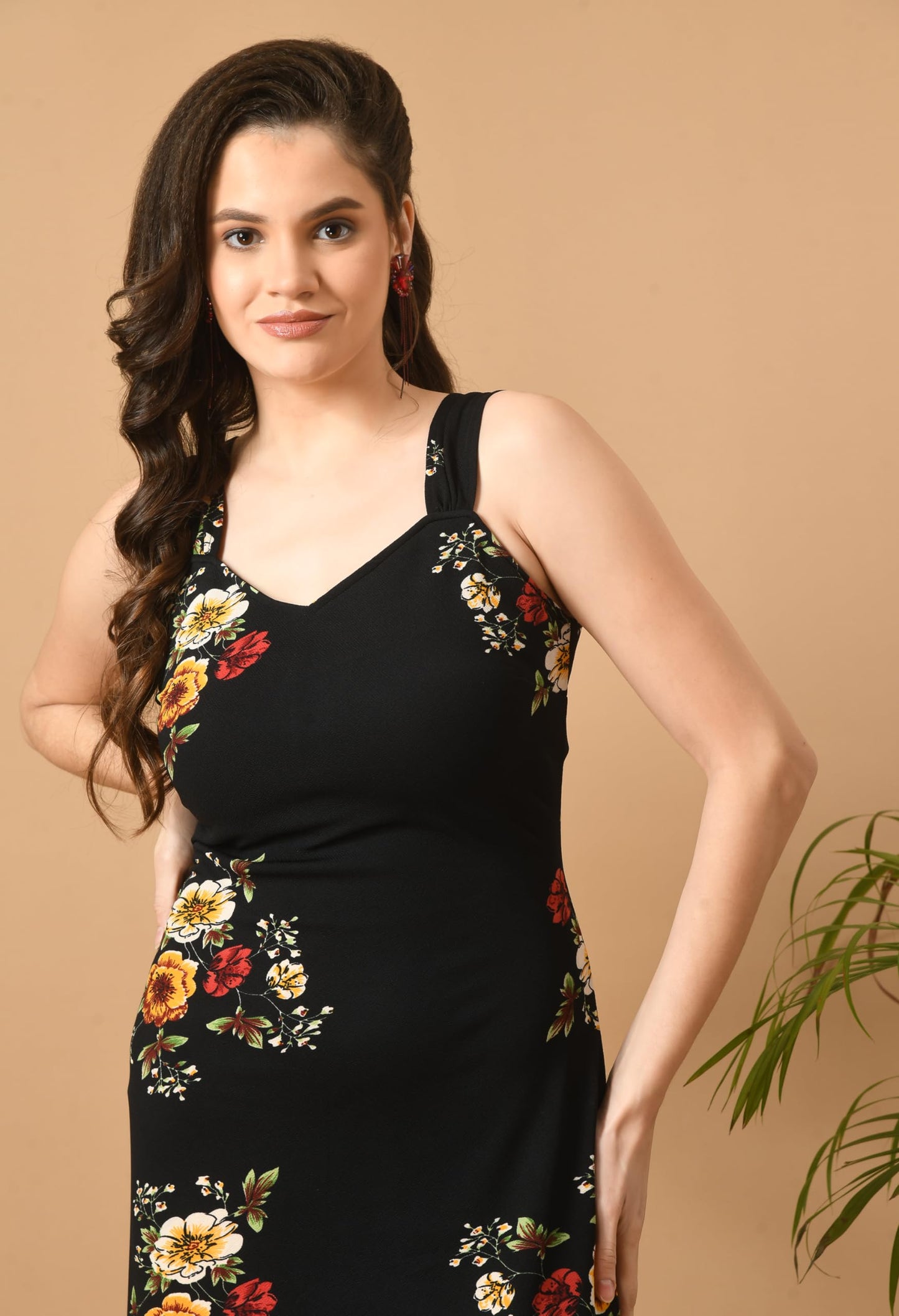 IUGA Women Bodycon Flowre Printed Midi Length Dress Black