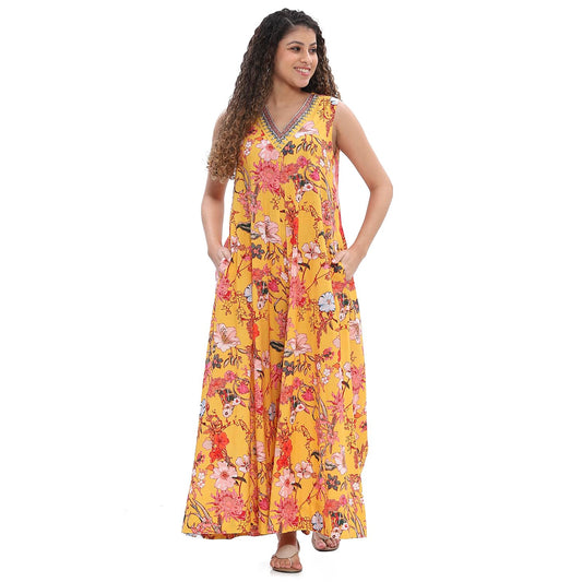 Biba Women's Cotton Straight Floor Length Jumpsuit (SMGR4113SS25YEL_Yellow