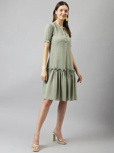 Stylish Olive Georgette Solid A-Line Dress For Women