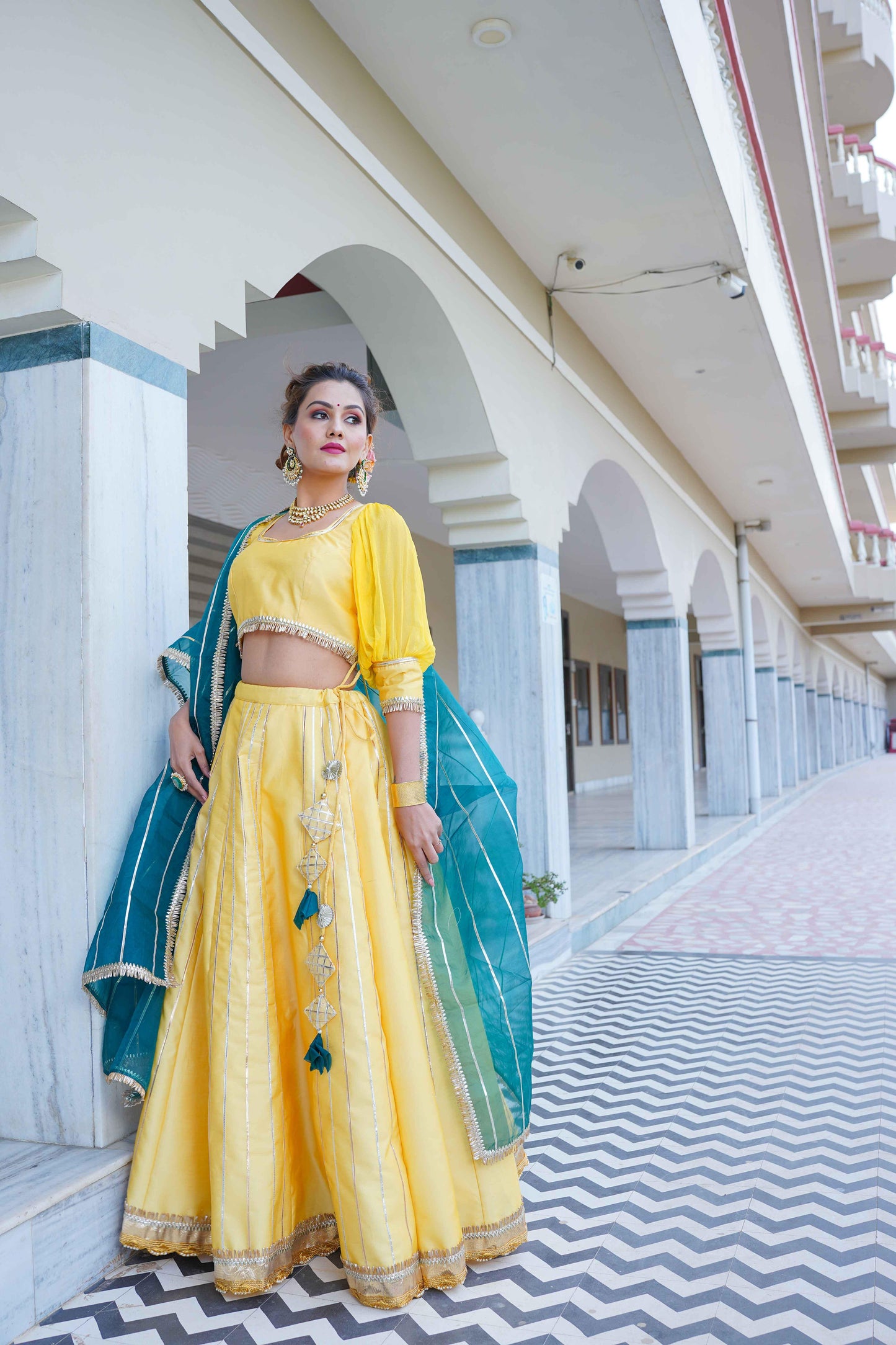 YELLOW CHANDERI GOTA LEHENGA SET