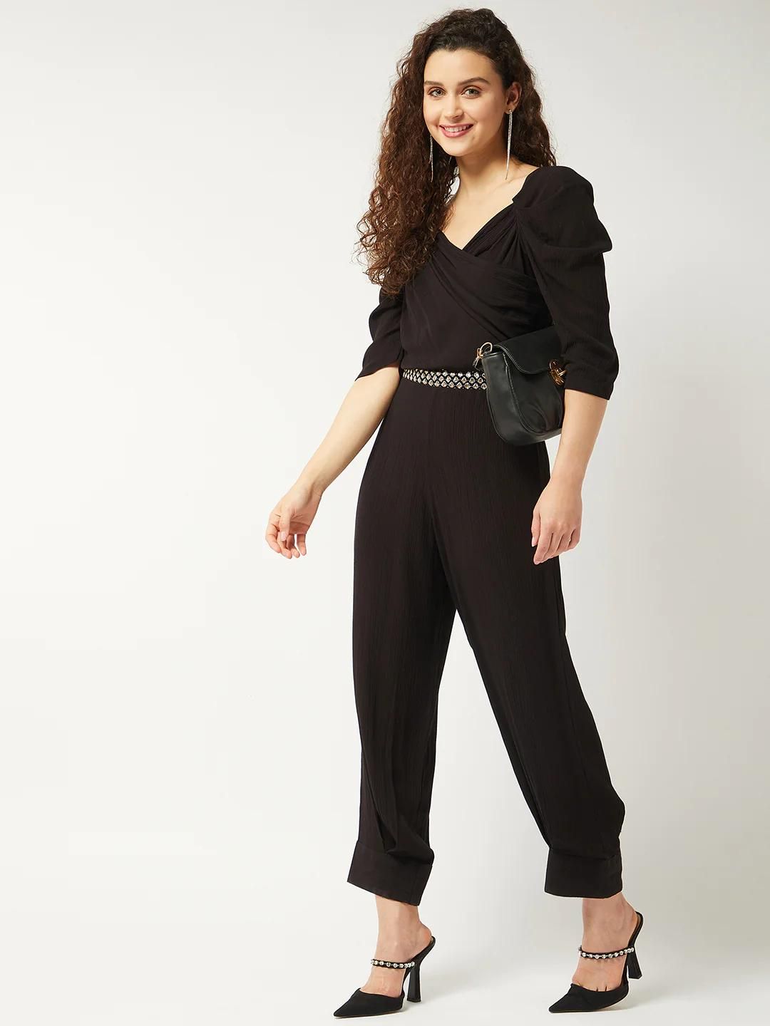 PANNKH Black Solid Ruffle Sleeves Stylish Jumpsuit