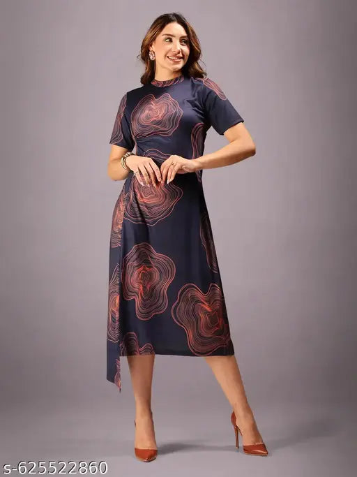 HELLCAT Asymmetrical Hem Dress for Women | Western Maxi Dress | Round Neck A-Line Half Sleeves Dress | Stylish Long Dress for Women | Modern Party Wear Dress for Women