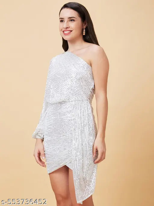 Globus Women White Embellished One Shoulder Party Bodycon Dress