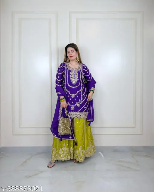 Purple Embroidered Kurta with Green Sharara & Dupatta – Festive Ethnic Wear Set for Women