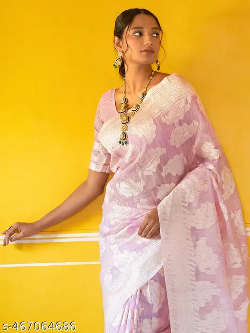 Janasya Women's Lavender Linen Cotton Woven Paisley Saree with Unstitched Blouse Piece