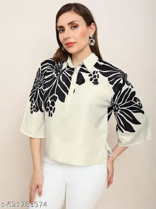 Globus Women Beige Collared Neck Floral Shirt Style Party Top