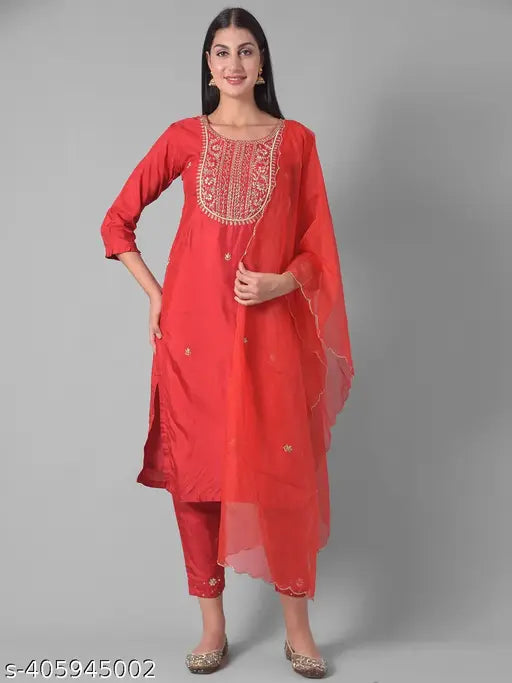 Dollar Missy Pack of 1 Red Colour Premium-Quality Fabric Women'S Kurti & Pant & Dupatta