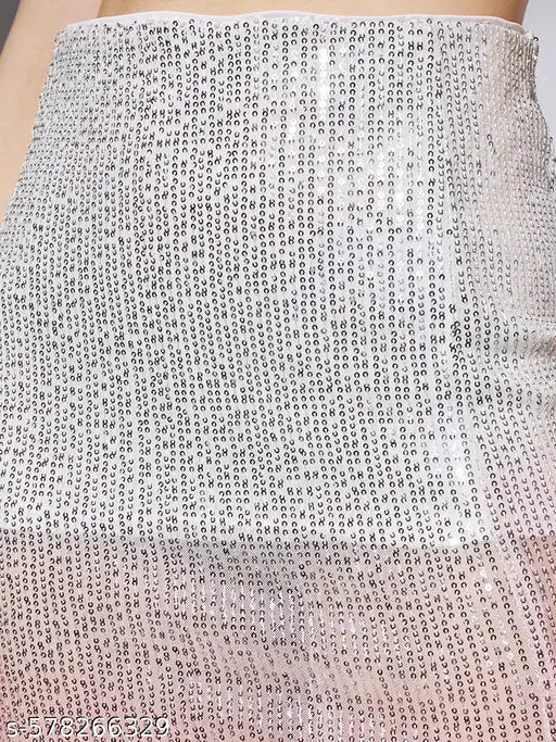 Globus Women Pink & Silver Ombre Pattern  Sequin Detail Side Slit Pencil Midi Party Skirt