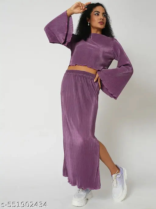 Globus Women Lavender Accordion Pleats Round Neck Bell Sleeves Crop Top With Side Slit Maxi Skirt Party Co-Ord Set