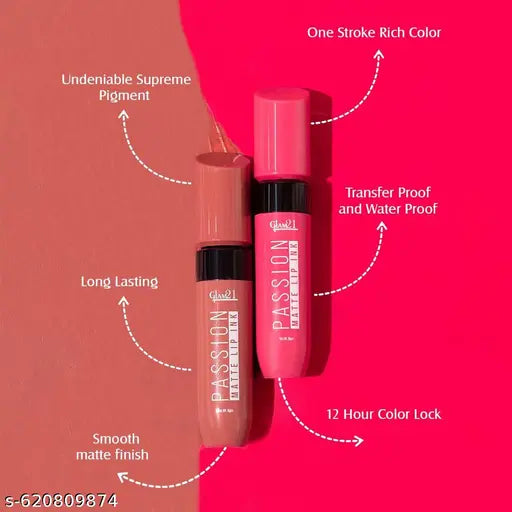 Glam21 Passion Matte Lip Ink | Upto 12-Hour Color Stay | Lightweight & Comfortable | Non-Sticky And Non-Drying | Shades-Lady In Pink, Dark Nights, Purple Kiss & Nude Pout 6gm Each | Pack Of 4
