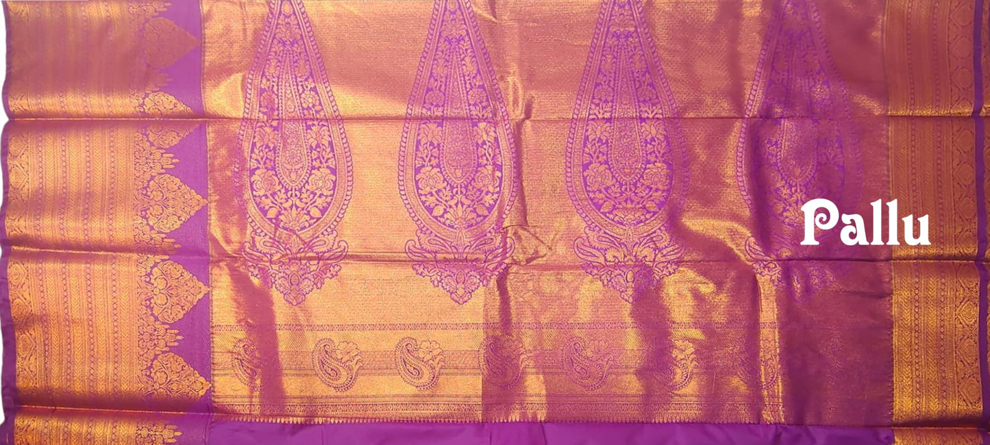 VFCollections Women's Kanchipuram Silk Saree with Rich Royal Golden Zari and Traditional Border – With Blouse (VFC684-2)