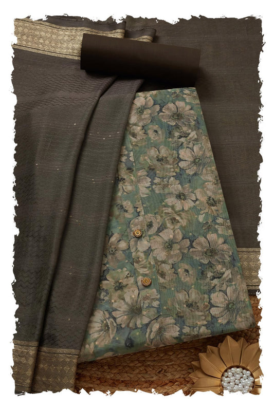 Soch Womens Olive Chanderi Floral Print Unstitch Dress Material